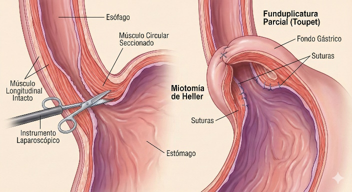 Ilustración de las Técnicas de Tratamiento: Miotomía y Dilatación
